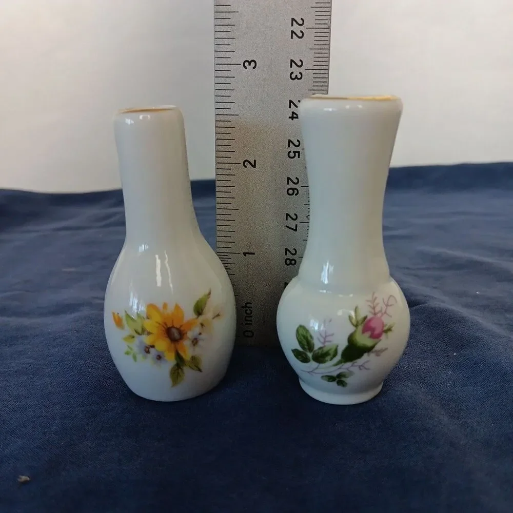 Miniature Vase 2 1/2” Tall Porcelain  Yellow and Pink Flowers Gold Rim